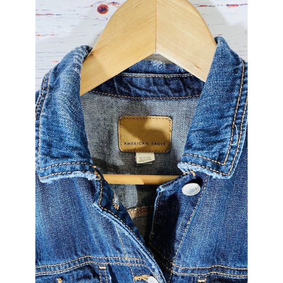 AE American Eagle Denim Jean Jacket Womens Sz Extra Small Coat Distressed Cuffs - Picture 3 of 9